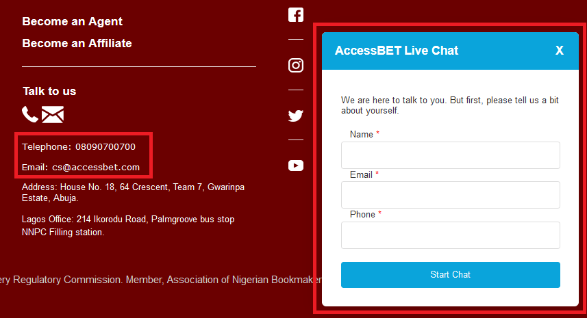 Контакты букмекера AccessBet и онлайн-чат