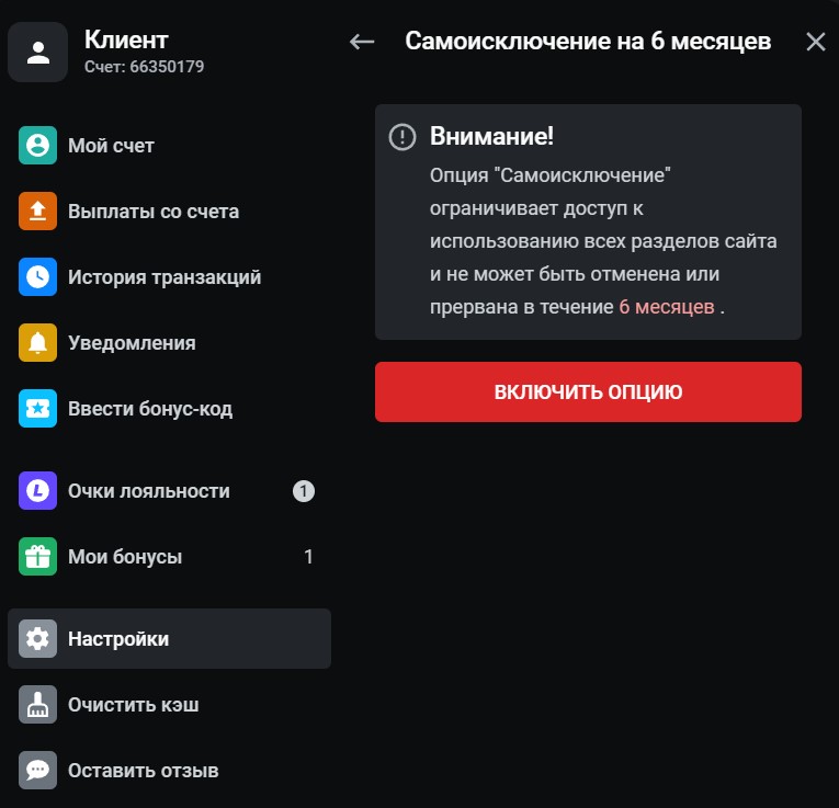как включить опцию Самоисключение Леон опция самоисключение леон