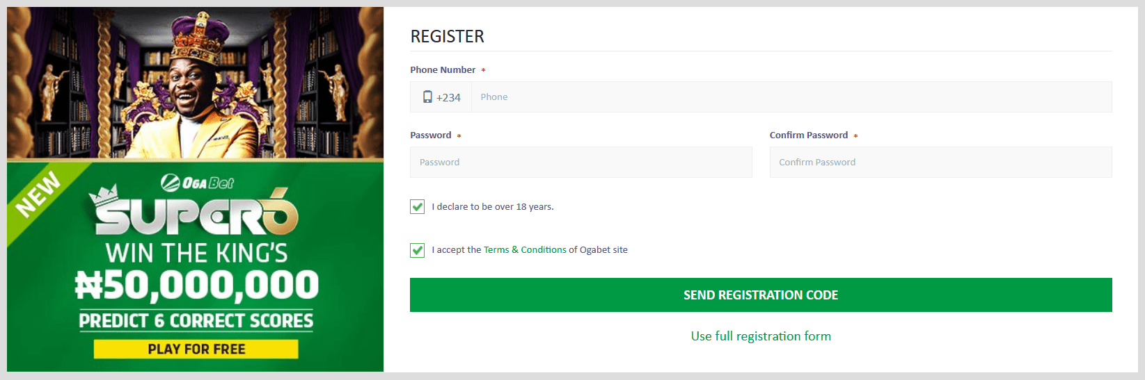 Поле регистрации на сайте букмекера OgaBet