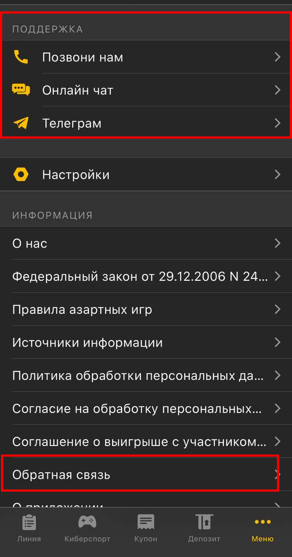 Техподдержка в приложении Мелбет
