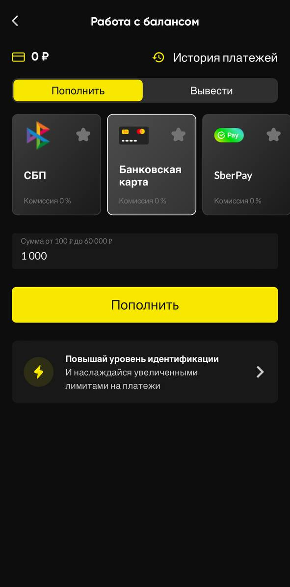 Выбор способа пополнения