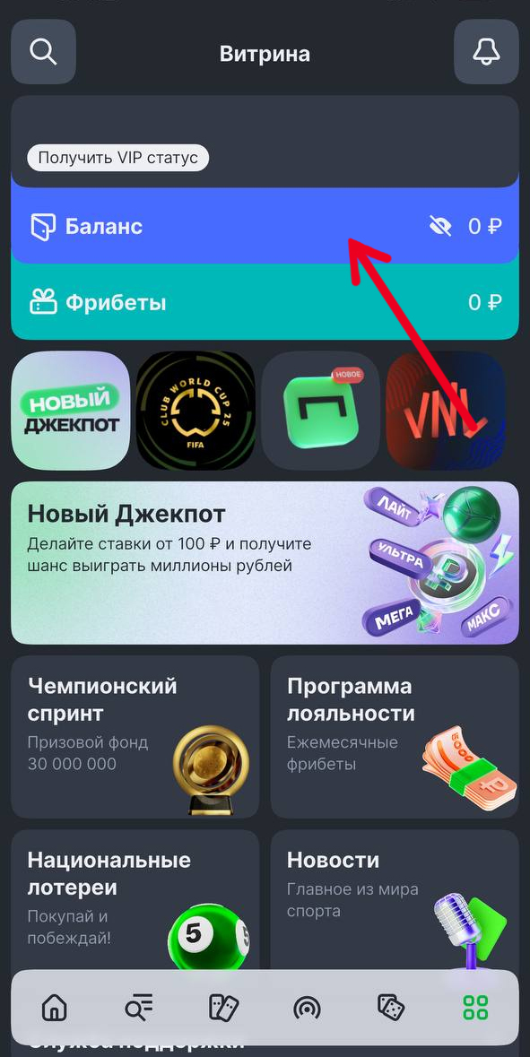 Кнопка Баланса в Лиге Ставок