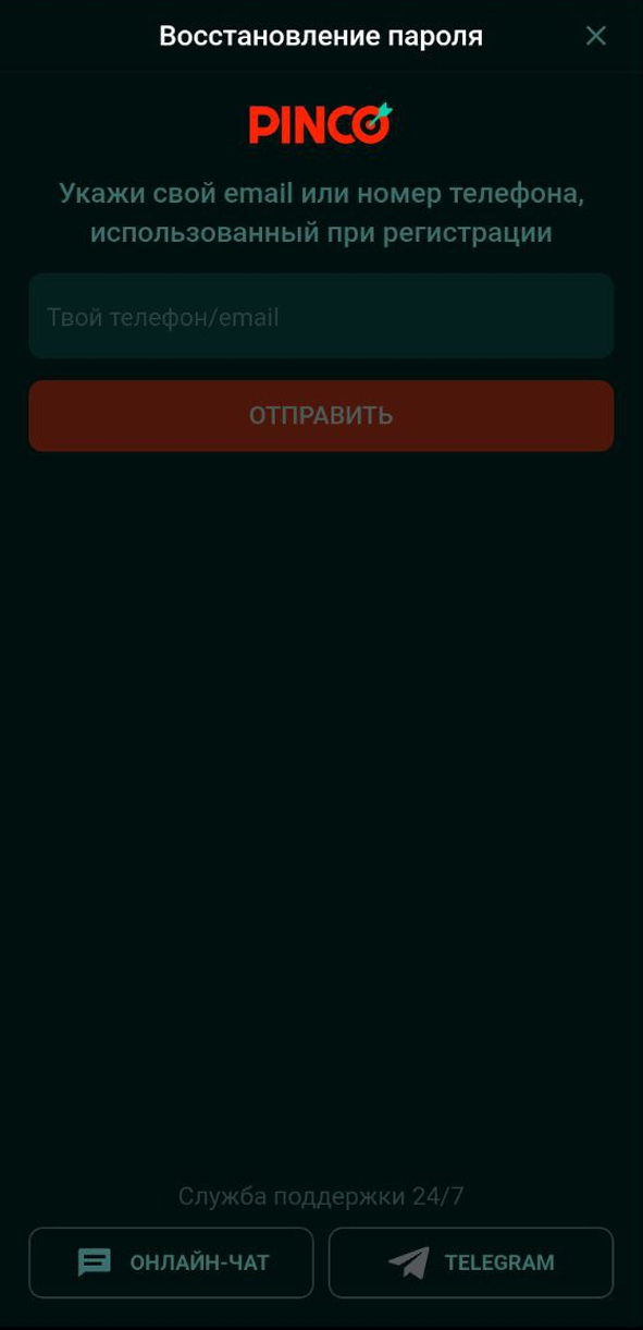 Восстановление пароля в Пинко