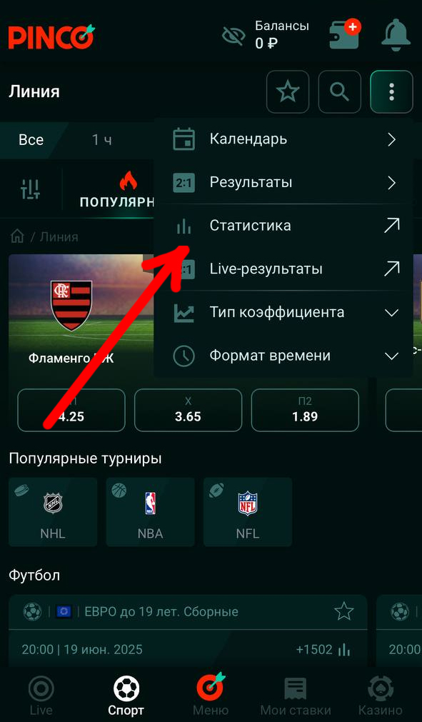 Статистика в дополнительном меню