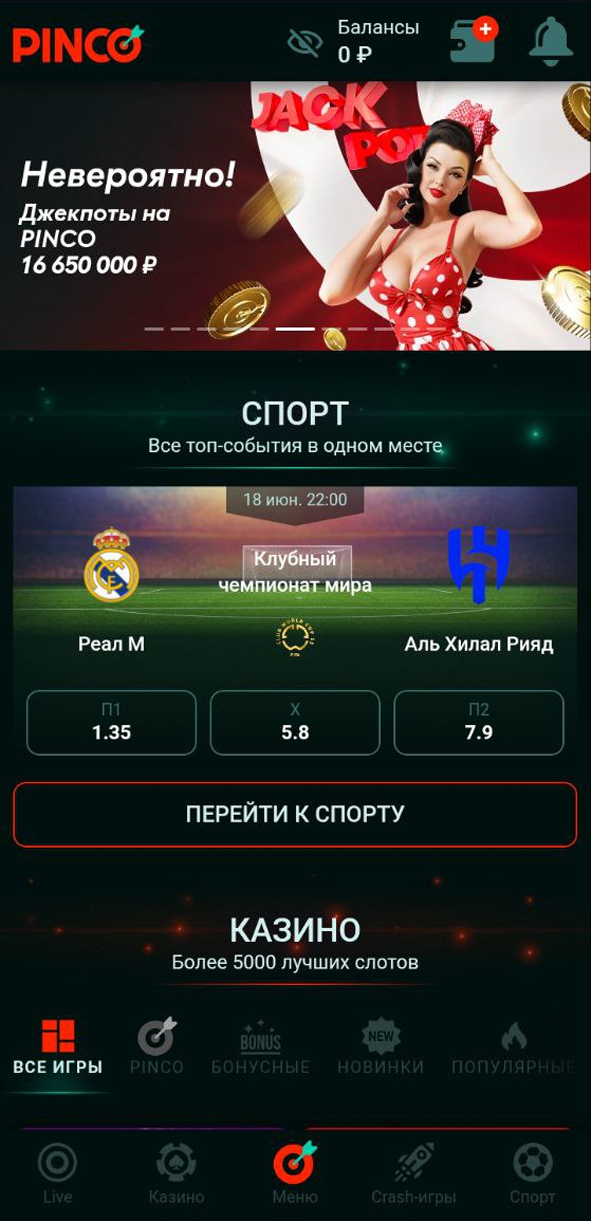 Главная страница приложения Пинко