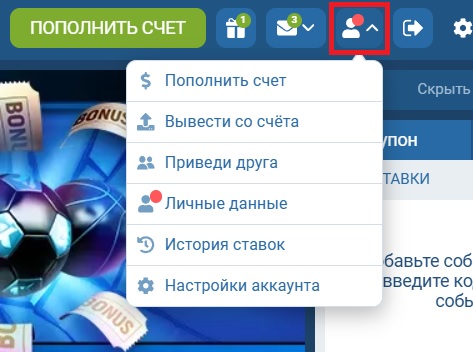 Кнопка личного кабинета в десктопной версии 1хБет