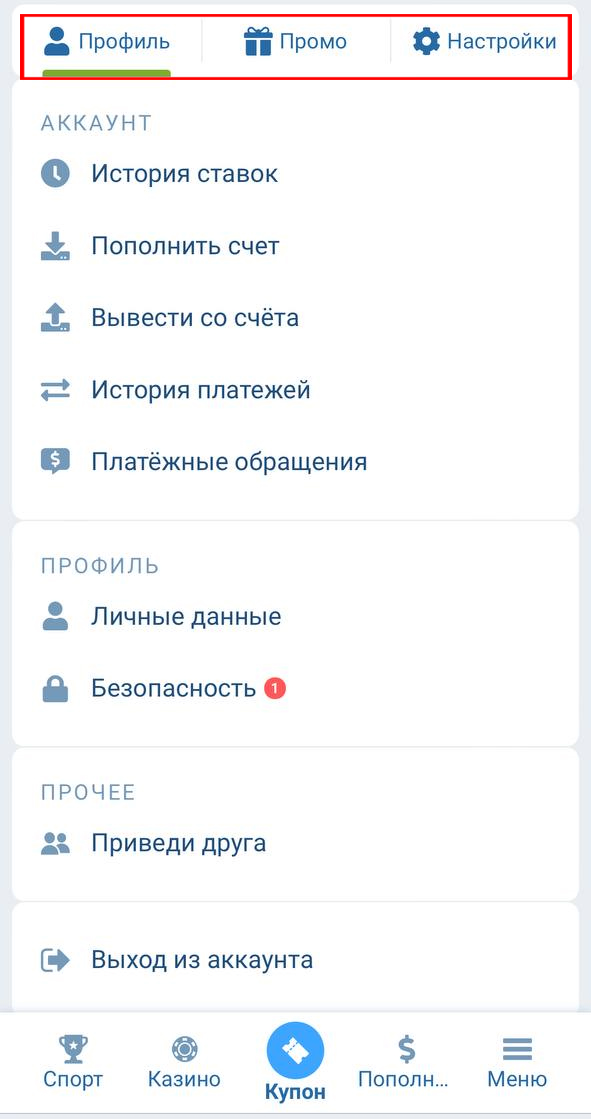 Личный профиль в мобильной версии 1хБет