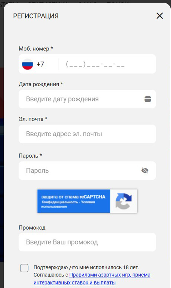 Ввод данных при регистрации на Бет-М