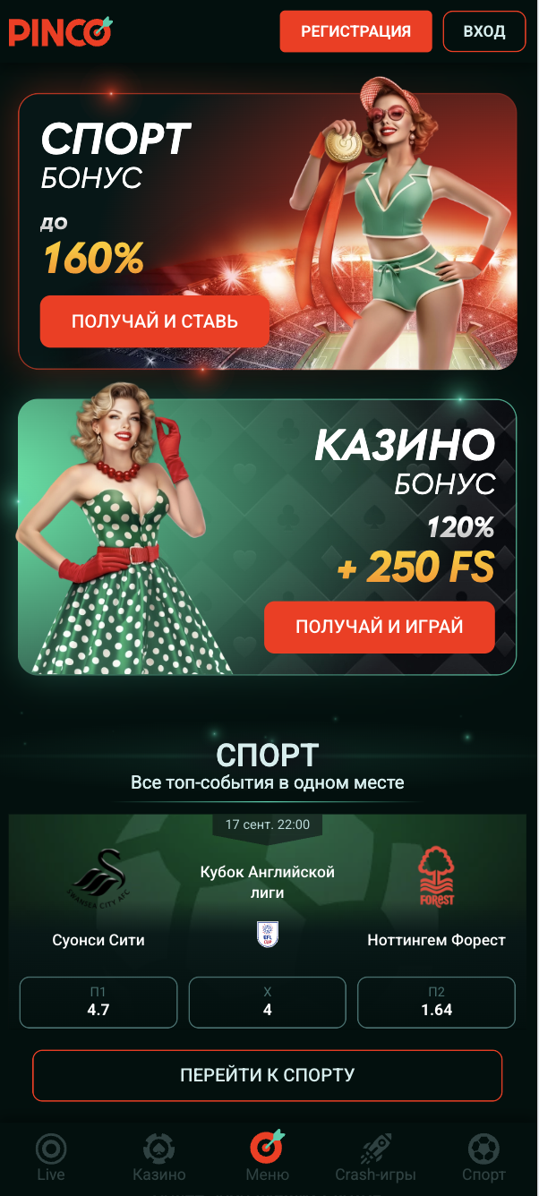 Главная страница в приложении Пинко