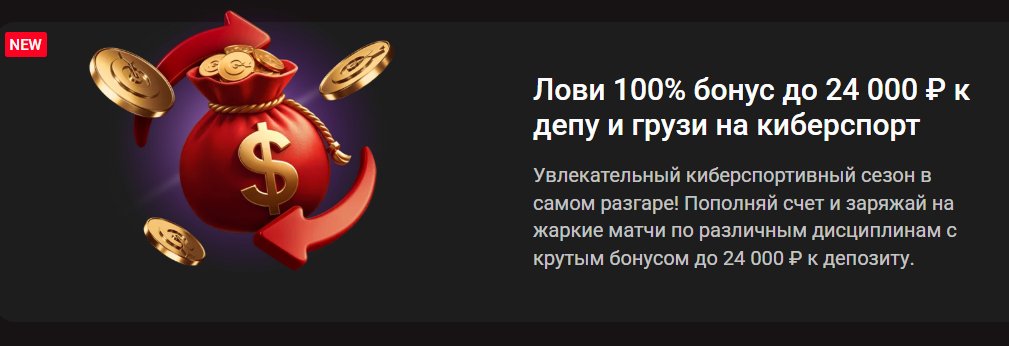 100% бонус до 24 000 ₽ к депозиту на киберспорт