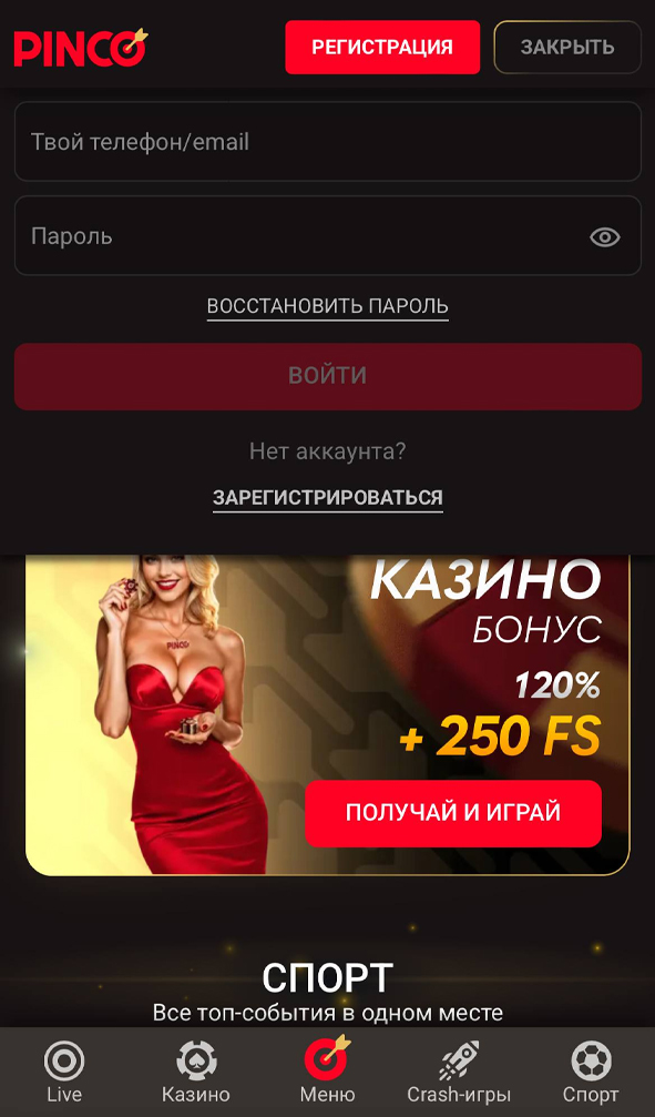 Вход в аккаунт Пинко