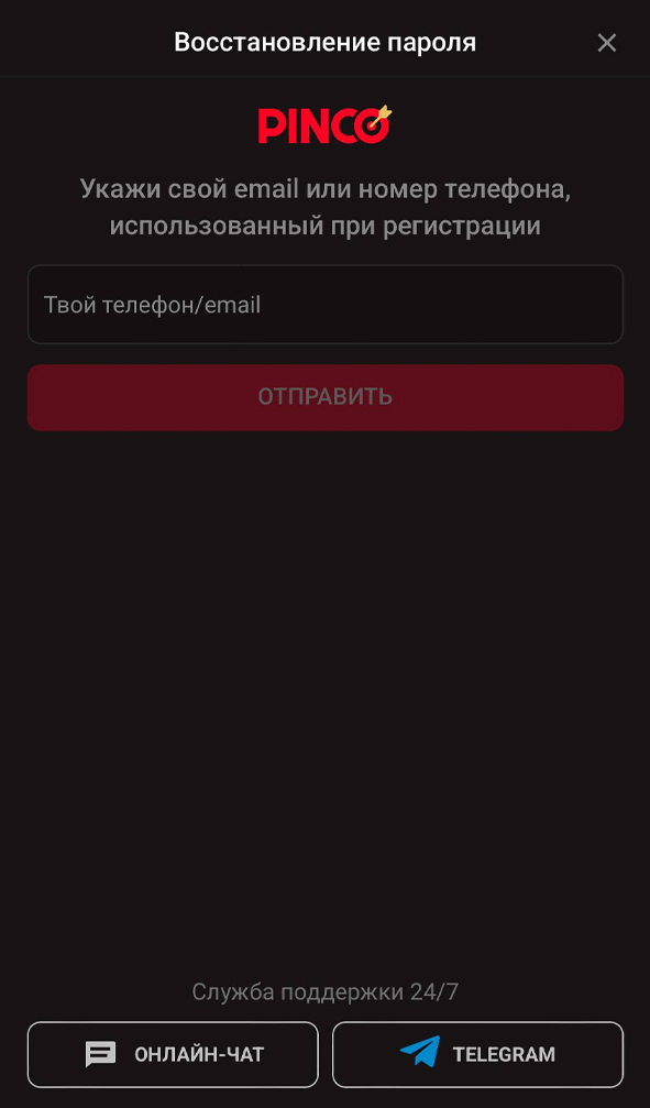 Восстановление пароля в Пинко