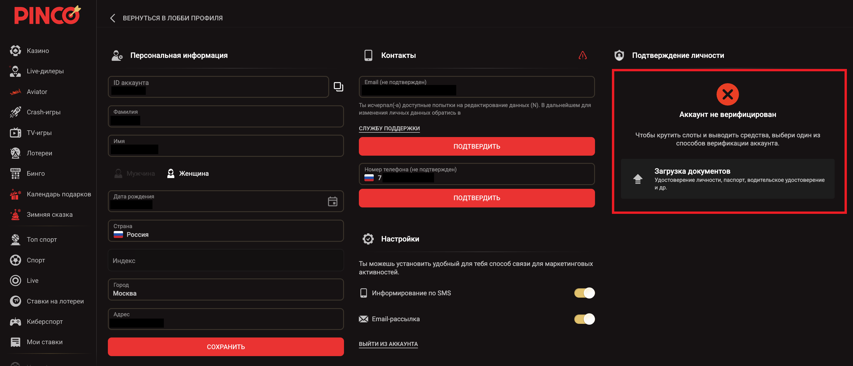 загрузка документов для верификации Pinco